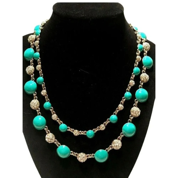 Ann Taylor Gold Tone Turquoise Rhinestone Double Chain Statement Necklace - Picture 5 of 7